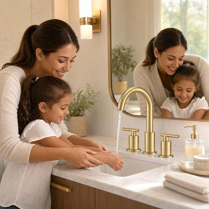 Widespread Bathroom Faucet, 2 Handle Vanity Sink Faucet Brushed Gold | SUS 304 Stainless Steel, 360° Swivel Spout, Pop-up Drain, Ceramic Valve, Aerated Stream, 20-Min DIY Install