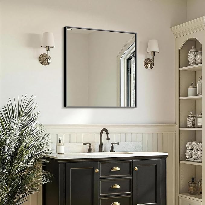 FICTOR Bathroom Vanity Mirror for Over Sink, 30" x 30", Black | Anti-Rust Frame, Shatterproof Tempered Glass, Vertical/Horizontal Wall Mounted Mirror for Bedroom, Entryway, Living Room
