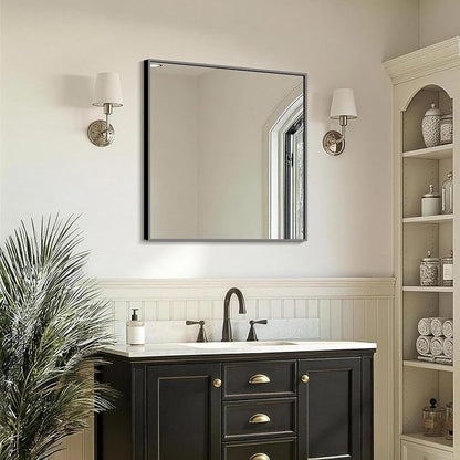 FICTOR Bathroom Vanity Mirror for Over Sink, 30" x 30", Black | Anti-Rust Frame, Shatterproof Tempered Glass, Vertical/Horizontal Wall Mounted Mirror for Bedroom, Entryway, Living Room