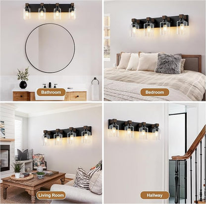 Farmhouse Black 4-Light Bathroom Vanity Light, Square Glass Shade | Vintage Rustic Design, Wood Grain Finish, Matte Black Metal, Wall Mount Over Mirror Lighting Fixtures for Bathroom Restroom