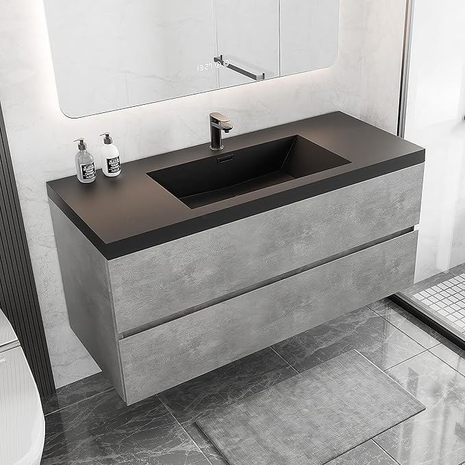 48 Inch Floating Bathroom Vanity with Sink, Modern Grey Wall Mounted Floating Vanity with Scratch-Resistant Quartz Sand Basin and Soft Closing Drawers, Pre Assembled Bathroom Vanity