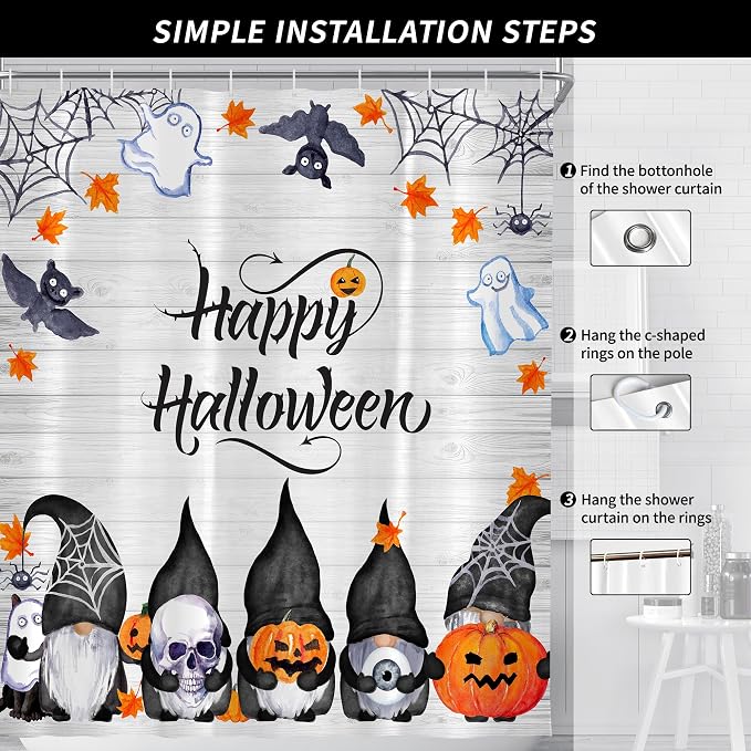 Halloween Cute Funny Gnomes Spooky Pumpkin Shower Curtain for Bathroom 72W*72H Inch Farmhouse Rustic Horror Bathtub Skull Ghost Maples Bat Decor Waterproof Polyester Fabric Set with 12 Hooks