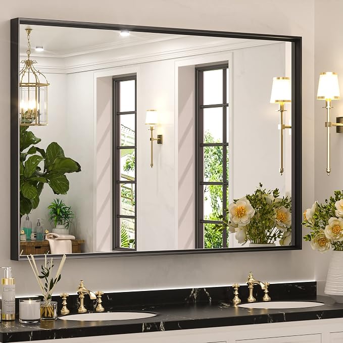 Keonjinn 40x30 Inch Black Bathroom Mirror for Over Sink, Rectangular | HD Tempered Glass, Vanity Mirror, Brushed Framed, Square Corner, Modern Farmhouse, Wall Mounted Mirrors, Aluminum Alloy