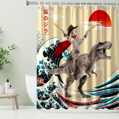 Funny Cute Cat Shower Curtain, Japan Cat Dinosaur Surfing Ocean Sea Wave Fabric Shower Curtains Set, Japanese Art Shower Curtains with Hooks, Kids Bathroom Decor 72x72inch
