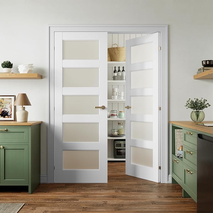 SMARTSTANDARD 56" x 80" Frosted Glass Pantry Door, Solid Core Slab Door | Pre-Assembled 5-Panel without Hardware, French Interior Door for Pantry Pocket, White Primed