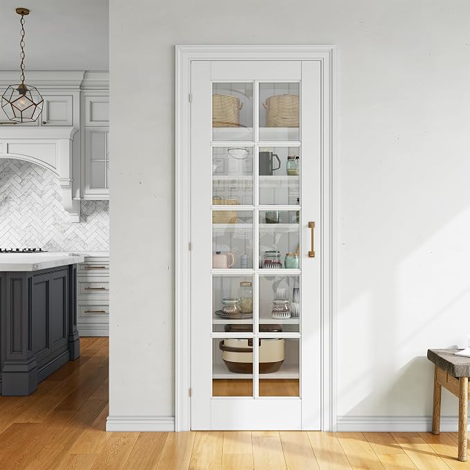 SMARTSTANDARD 28" x 80" Clear Glass French Interior Solid Core Door Slab | 10-Lite Glass Pantry Door for Bathroom Laundry Pocket, Pre-Assembled Panel without Hardware, White Primed