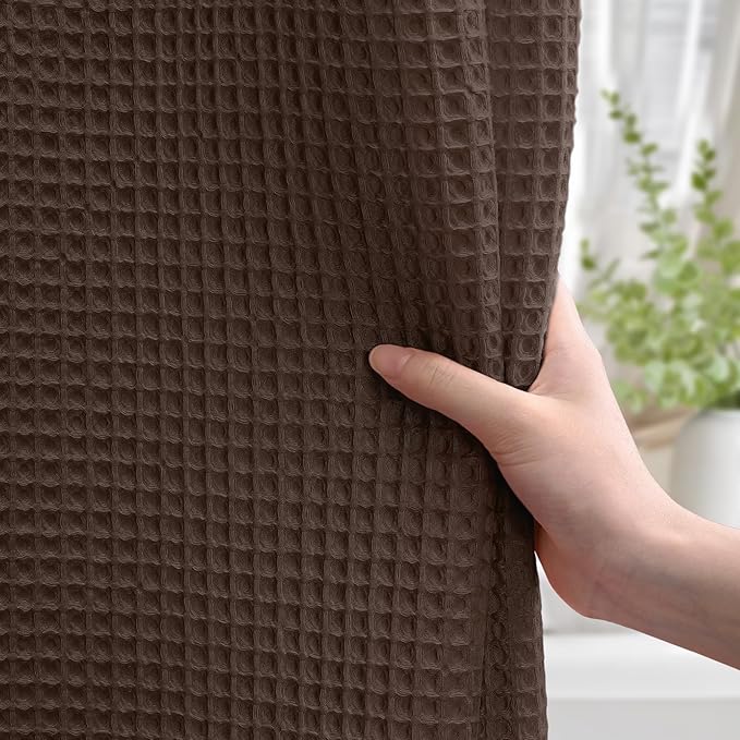 Long Waffle Shower Curtain - Brown Cotton Texture Fabric Heavyweight Shower Curtains for Bathroom,72Wx78L
