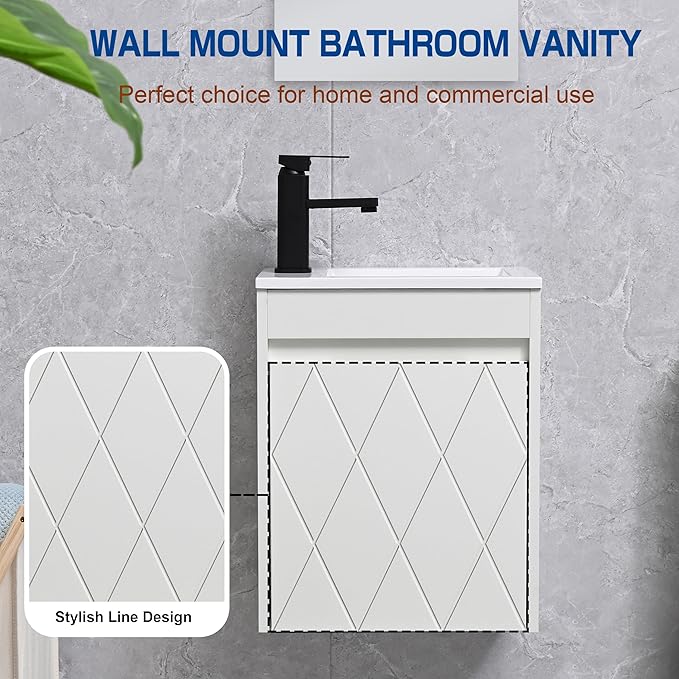 16" Bathroom Vanity Sink Combo for Small Space, Wall Mounted Bathroom Cabinet Set with White Resin Basin Sink Top Black Faucet Pop Up Drain White