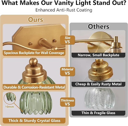 Vintage Gold Vanity Lights, 2-Light Green Tulip, Antique Brass Finish | Brushed Gold Bathroom Light Fixtures, Crystal Wall Sconce Ideal for Bedroom, Living Room, E26 Compatible, Easy Install