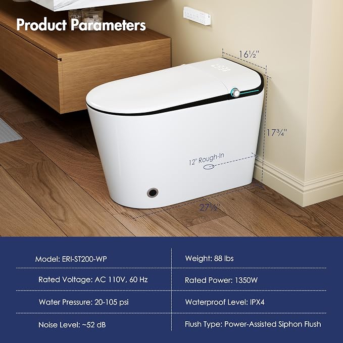 One Piece Smart Bidet Toilet, Auto Lid, Wash & Dry, White Black | Foot Sensor Flush, Heated Seat, Instant Warm Water, Adjustable Wash Settings, Self Cleaning Wand, Auto Flush, Pre Wet