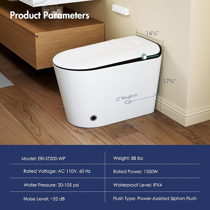 One Piece Smart Bidet Toilet, Auto Lid, Wash & Dry, White Black | Foot Sensor Flush, Heated Seat, Instant Warm Water, Adjustable Wash Settings, Self Cleaning Wand, Auto Flush, Pre Wet