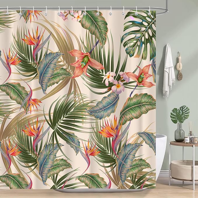 Tropical Shower Curtain, Colourful Leaves Floral Palm Leaf Hawaiian Botanical Plant Bathroom Curtain, Waterproof Cloth Fabric Bath Curtain with Hooks 72 x 72 inch