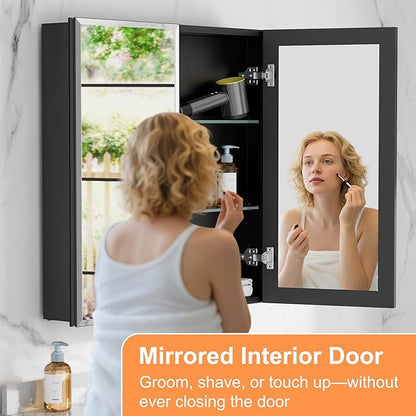 30x30 Inch Medicine Cabinet with Mirror, Aluminum Bathroom Mirror Cabinet, Beveled Edge Mirrored Double Door, Adjustable Shelves, Surface or Recessed Mount Mirrors with Storage,Black