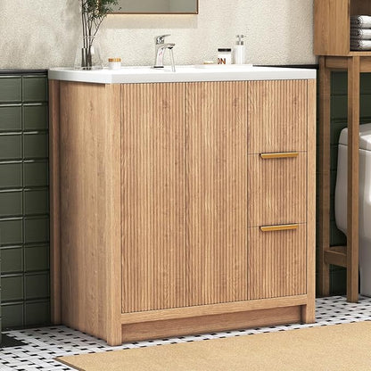 32 Inch Bathroom Vanity with Sink, Bathroom Vanity Cabinet with Single Sink, Bath Vanities with 2 Doors and 2 Drawers, Light Oak (19" D x 32" W x 36" H)