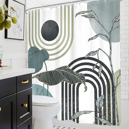 Glawry Green Teal Blue Abstract Shower Curtain Mid Century Boho Retro Tropical Palm Tree Leaves Sun Arch Modern Bathroom Geometric 60Wx72L Inches Bath Accessories Art Home Decor Fabric 12 Pack Hooks