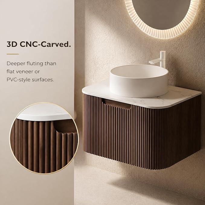 24 Inch Bathroom Vanity with Sink, Floating Wall Mounted Single Sink Vanity for Small Baths, Dark Walnut Curved Fluted Front, Stone Top, Pure White Round Vessel Basin, Pre-Assembled