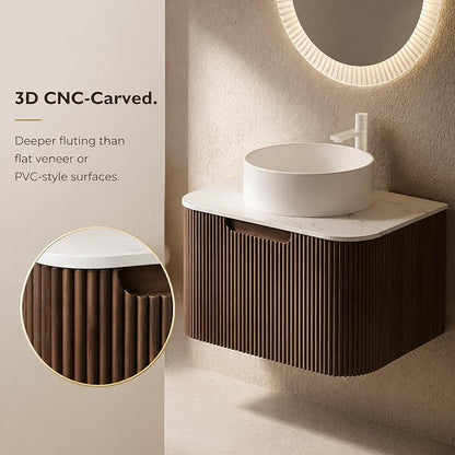 24 Inch Bathroom Vanity with Sink, Floating Wall Mounted Single Sink Vanity for Small Baths, Dark Walnut Curved Fluted Front, Stone Top, Pure White Round Vessel Basin, Pre-Assembled