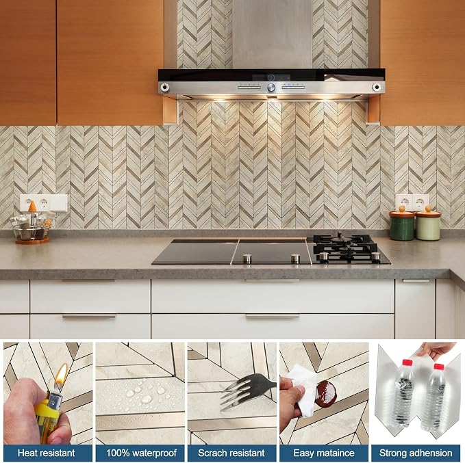 Yipscazo 10-Sheet Herringbone Backsplash Peel and Stick Tile, Light Beig Stone PVC Stick on Backsplash for Kitchen, Waterproof Self Adhesive Wall Tile for Bathroom