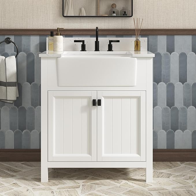 30 Inch Bathroom Vanity with Sink, Farmhouse Bathroom Sink Cabinet with Adjustable Feets, Solid Wooden Frame Single Sink Bathroom Vanity with Soft Closing Doors, Apron Farm Sink, White