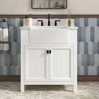 30 Inch Bathroom Vanity with Sink, Farmhouse Bathroom Sink Cabinet with Adjustable Feets, Solid Wooden Frame Single Sink Bathroom Vanity with Soft Closing Doors, Apron Farm Sink, White