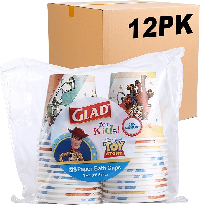 Glad for Kids Disney Pixar Toy Story Mini Paper Cups, 3 Oz, 24 Count, 12-Pk | Soak-proof bathroom rinse cups sized for little hands; colorful Toy Story characters