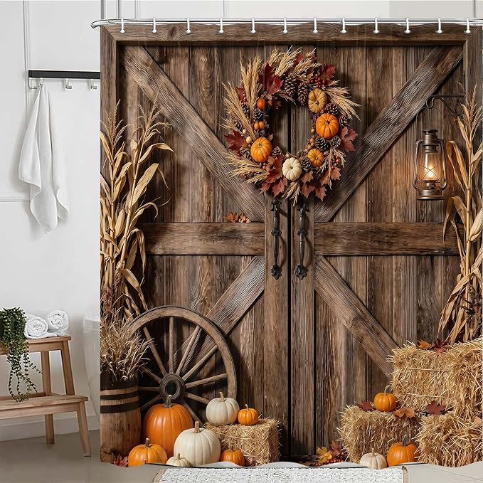 Fall Rustic Barn Door Shower Curtain, Autumn Thanksgiving Pumpkin Farmhouse Brown Wood Board Shower Curtain Set Bathroom, Western Farm Harvest Fabric Bath Decor with Hooks,70X75IN