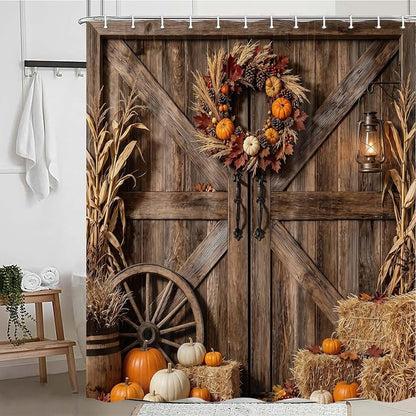Fall Rustic Barn Door Shower Curtain, Autumn Thanksgiving Pumpkin Farmhouse Brown Wood Board Shower Curtain Set Bathroom, Western Farm Harvest Fabric Bath Decor with Hooks,70X75IN