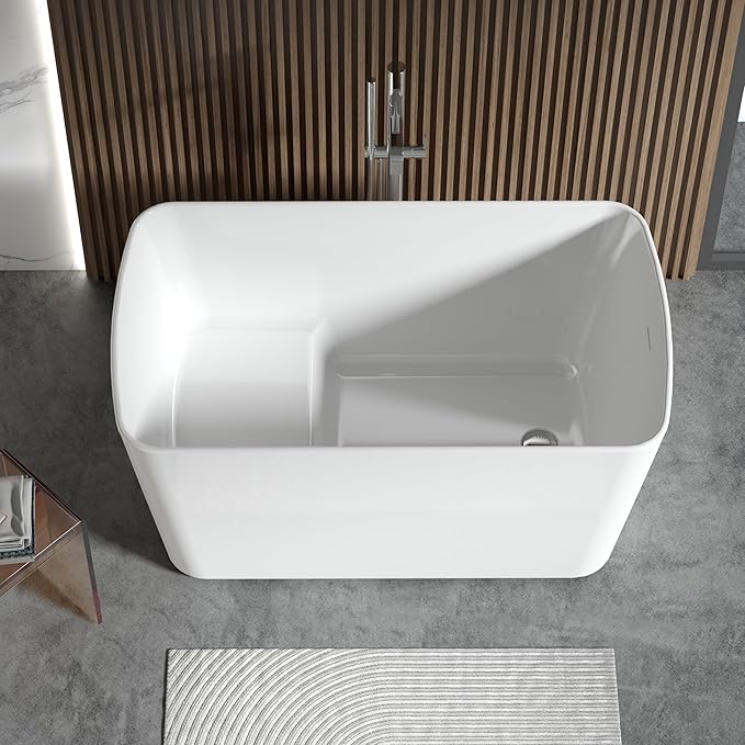 Small Freestanding Bathtub 55 inch, Acrylic Square Soaking Tub with Seat Design, Compact Stand Alone Tub for Small Bathroom with Chrome Drain & Overflow, cUPC Certified, Glossy White