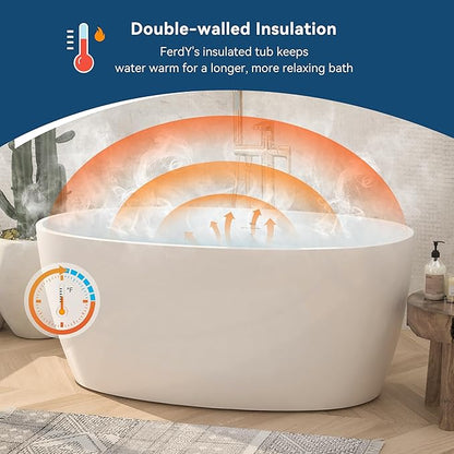 FerdY Tahiti 55" Acrylic Freestanding Bathtub, Elegant Oval Shape Soaking Bathtub, Glossy White, White Drain & Integrated Slotted Overflow Assembly Included cUPC Certified