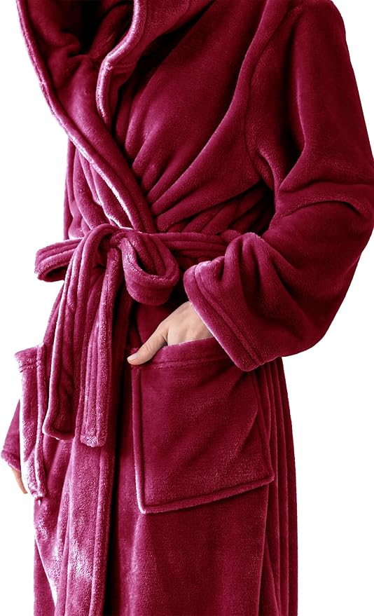 Robes for Women - Hooded Plush Fleece Bathrobe with Sash & Pockets, Full-Length Lightweight Spa Robe