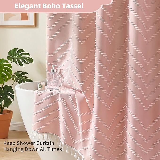 Extra Long Pink Boho Shower Curtain with White Tassel, Woven Fabric 96 in Curtain, Tufted Chevron Striped, 72x96, Modern Chic Textured Minimalist Cute for Bathroom