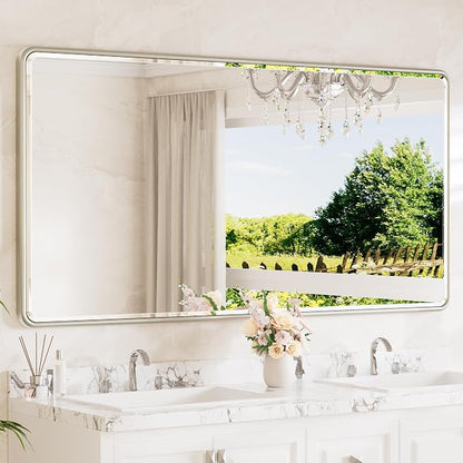 Brushed Nickel Framed Bathroom Mirror 72 x 36 Large Beveled Edge Tempered Glass, Rounded Corner Rectangle Bathroom Mirror for Modern Bathroom, Living Room, Bedroom, Entryway