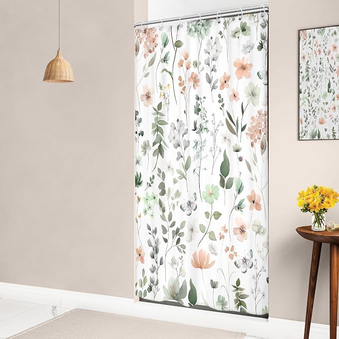 Stall Small Narrow Green Pink Floral Cute Boho Bathroom Shower Curtain Set | 36"W x 72"H Wildflower Watercolor; waterproof HD print, quick-dry fabric and plastic hooks for easy setup.
