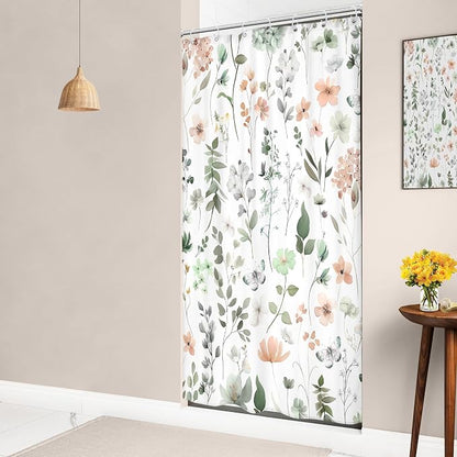 Stall Small Narrow Green Pink Floral Cute Boho Bathroom Shower Curtain Set | 36"W x 72"H Wildflower Watercolor; waterproof HD print, quick-dry fabric and plastic hooks for easy setup.