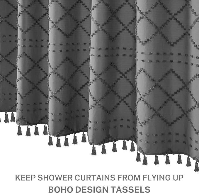Boho Grey Shower Curtain Woven Fabric Shower Curtain 72 x 72 Tufted Chevron Striped Shabby Chic Textured, Modern Farmhouse Minimalist, Water Resistant Curtain Set for Bathroom, Hotel Decor