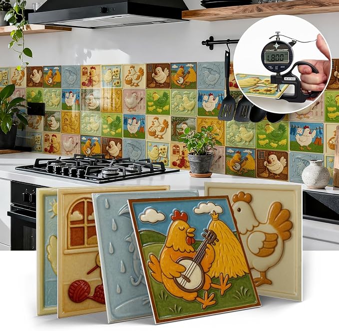 Easy Peel Stick wall Tile Stickers 6x6in Stick on backsplash Tiles,12Pcs | removable 3D tile for kitchen RV bathroom laundry backsplash decor,Ultra-high-definition printed hen pattern