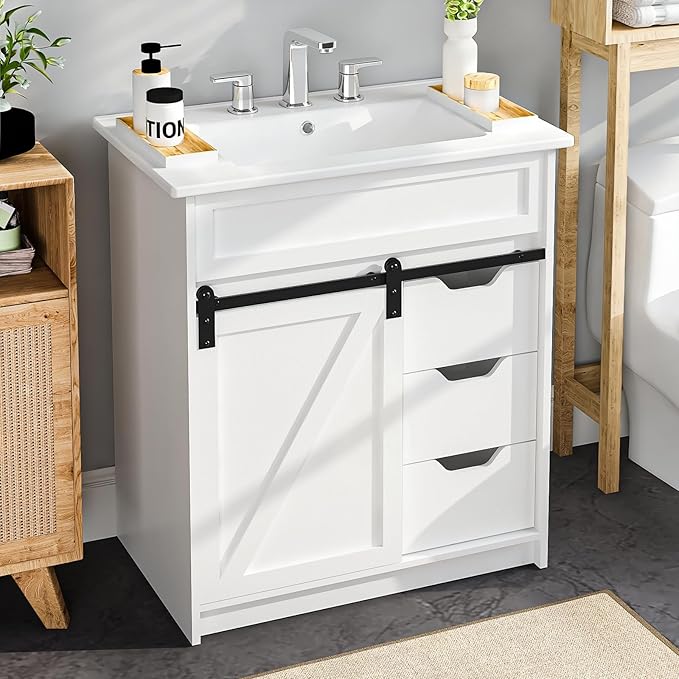 30" Bathroom Vanity with Sink, Bathroom Vanity Set with Sliding Barn Door & 3 Drawers, Freestanding Bathroom Vanities with Metal Handle, Farmhouse Bathroom Cabinet, White