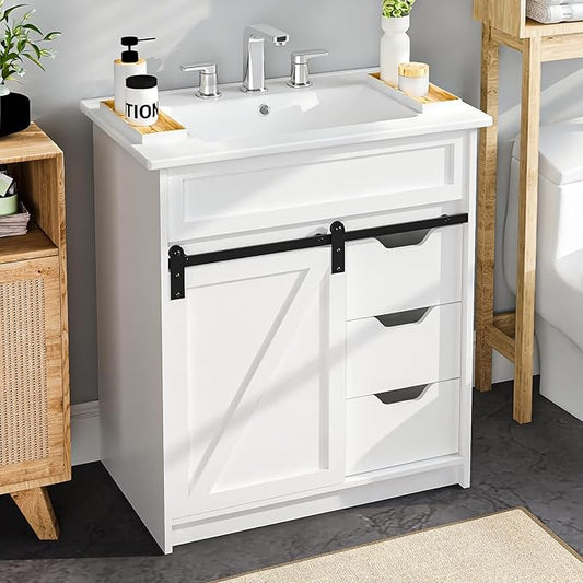 30" Bathroom Vanity with Sink, Bathroom Vanity Set with Sliding Barn Door & 3 Drawers, Freestanding Bathroom Vanities with Metal Handle, Farmhouse Bathroom Cabinet, White