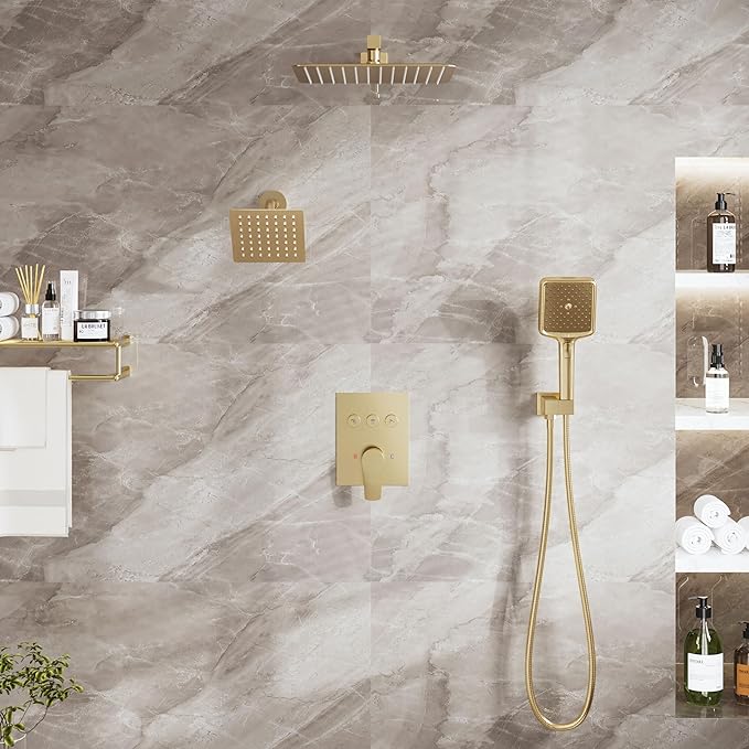 MONDAWE 12 Inch Wall Mounted Brushed Gold Shower System, 3-Function Shower Faucet Set with Rainfall Dual Shower Head and High Pressure 4-Setting Handheld, All Functions Can be Used At the Same Time