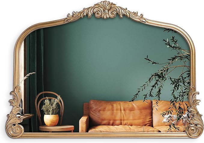 English Estate Carved Arch Wood Wall Mirror, Mirror for Entryway, Living Room, Bathroom, Antique Gold, 26x37
