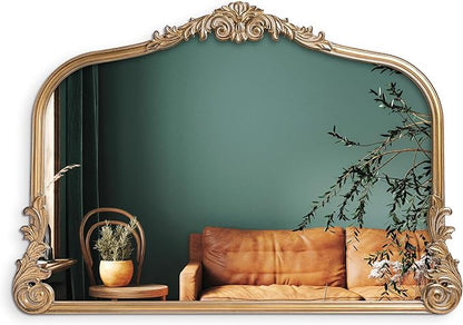 English Estate Carved Arch Wood Wall Mirror, Mirror for Entryway, Living Room, Bathroom, Antique Gold, 26x37