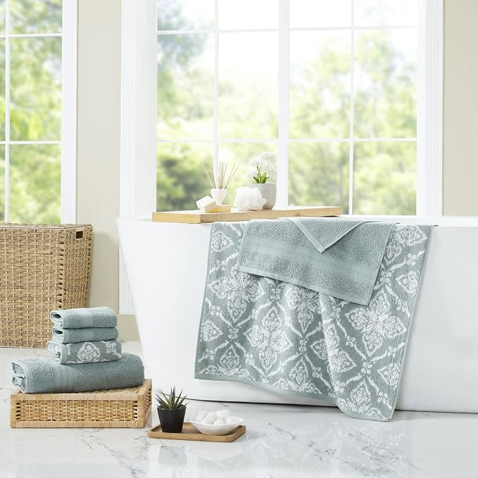Modern Threads Amaris 6-Piece Reversible Yarn Dyed Jacquard Towel Set - Bath Towels, Hand Towels, & Washcloths - Super Absorbent & Quick Dry - 100% Combed Cotton, Ivy