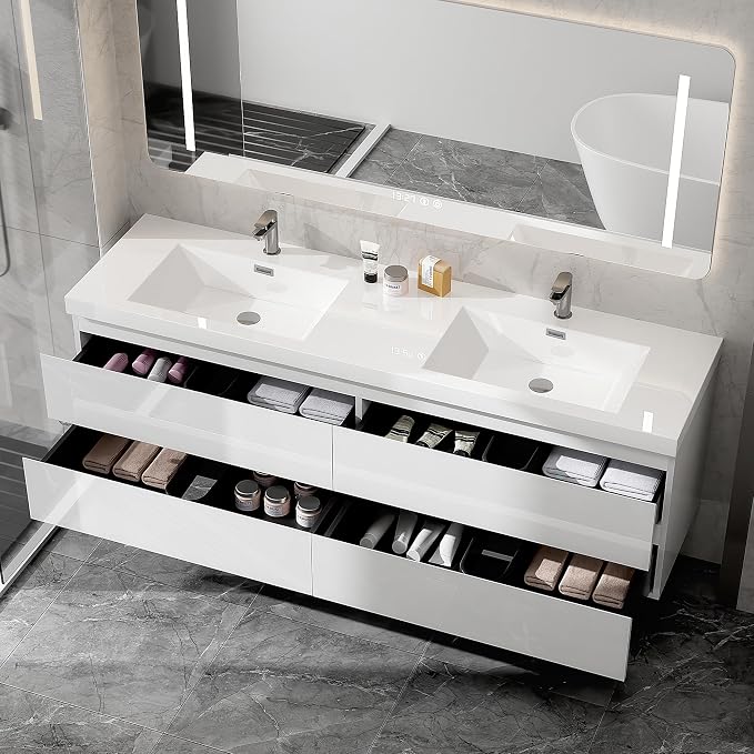 72 Inch Floating Bathroom Vanity with Double Sink, Large Storage Wall Mounted Floating Vanity with 4 Soft Close Drawers, One-Piece Basin Bathroom Sink Cabinet (Glossy White, 72 Inch double sink)
