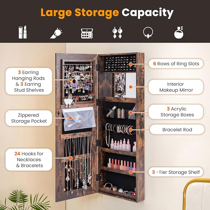GOFLAME LED Mirror Jewelry Cabinet 47”, Wall/Door Mounted Full Length Mirror with Storage, 3-Color Lights, Interior Makeup Mirror, Jewelry Storage Organizer, Lockable Jewelry Armoire, Rustic Brown