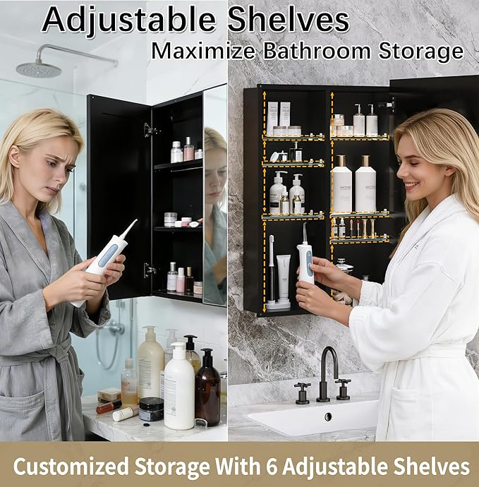 20x26 Medicine Cabinet with Mirror, 6 Adjustable Tempered Glass Shelves, Matte Black Aluminum Bathroom Storage, Soft-Close DTC Hinges, Surface or Recessed Mount, Tempered Beveled Mirror