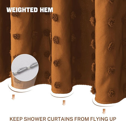 Extra Long Boho Farmhouse Shower Curtain Woven Fabric 84 Inch Pumpkin Orange Shower Curtain, 72 x 84 Tufted Pleat Floral Puffs Textured Modern Minimalist Shower Curtain Set with Hooks for Bathroom