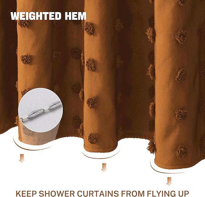 Extra Long Boho Farmhouse Shower Curtain Woven Fabric Pumpkin Orange Shower Curtain, 72 x 78 Tufted Pleat Floral Puffs Textured Modern Farmhouse Minimalist Shower Curtain Set with Hooks for Bathroom