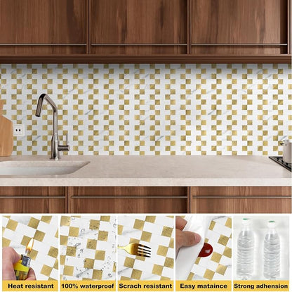 Yipscazo Peel and Stick Backsplash Tile, Stick on Stainless Steel Backsplash Metal Tiles for Kitchen Walls in Marble White Mixed Gold (12''x12'',10 Sheets)