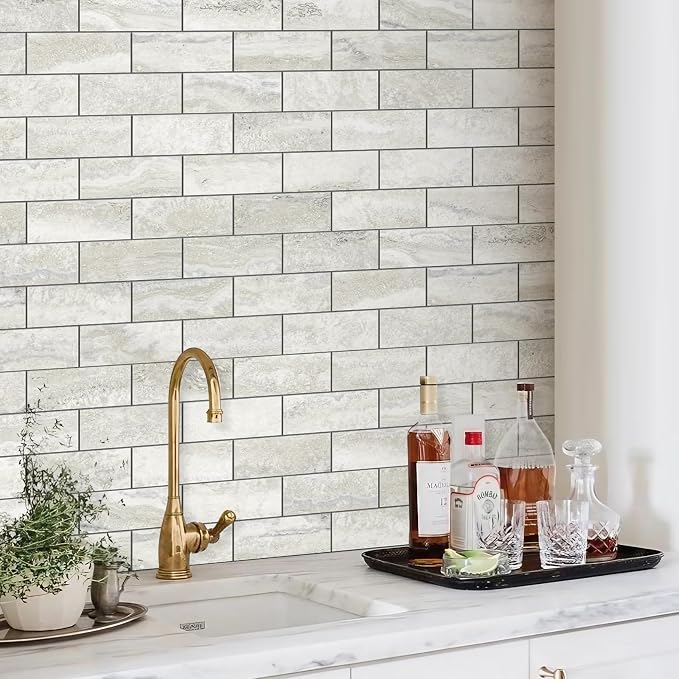 STICKGOO 10-Sheet Peel and Stick Backsplash on Subway Tile, Beige | Stone Texture with Grey Grout, Waterproof, Self Adhesive PVC Wall Tiles for Kitchen, Bathroom, Fireplace