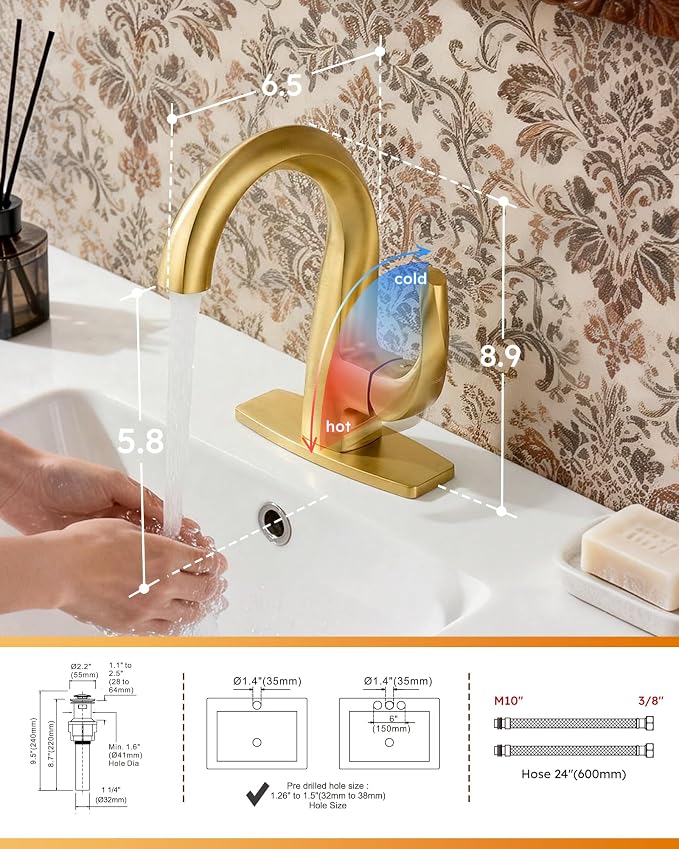 WOWOW Single Handle Bathroom Faucet 1 Hole High Arc Bathroom Basin Faucet Gold with Pop Up Drain, Solid Brass Commercial Bathroom Sink Faucet Basin Vanity Bar Faucet (Patented Product)